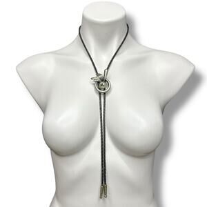 Vintage Bolo Tie Art Deco Floral Cala Lily Gunmetal Leather Necklace Western